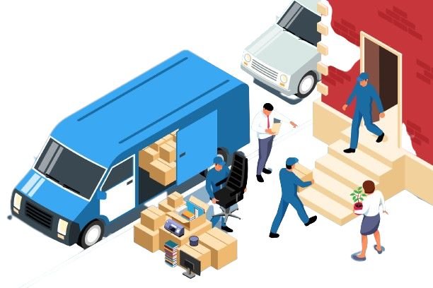 A professional team loading furniture into a moving truck during an apartment home shifting.